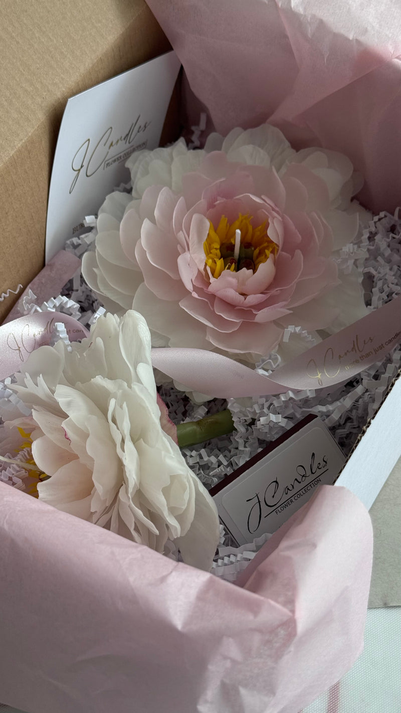 Gift Set of 2 realistic peony candles (a peony bud and a peony on a stem)