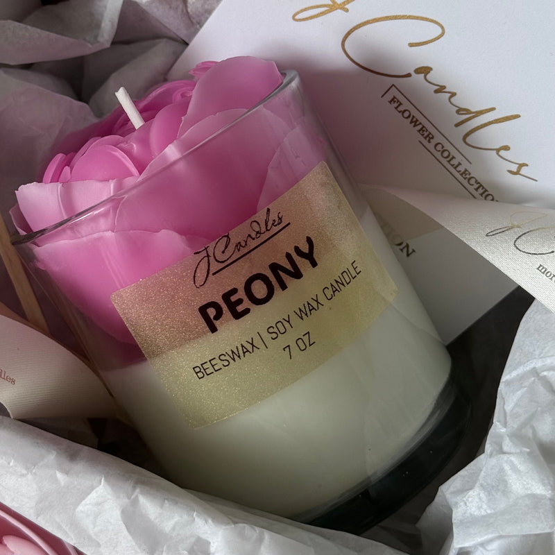 Handmade candle flower, peony, in a glass jar