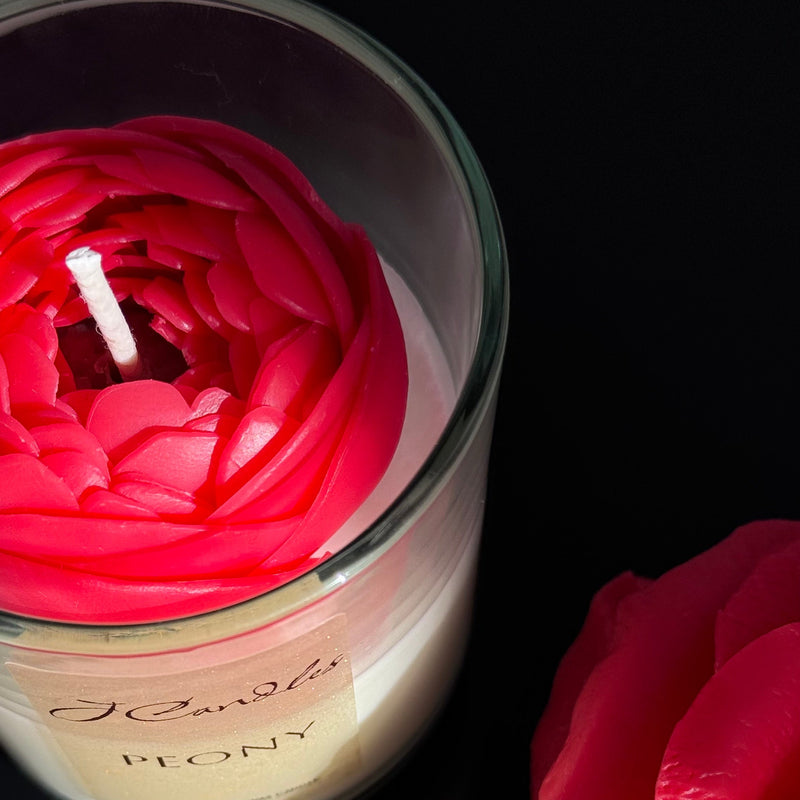 Gift Set of 2: realistic rose candle and a peony in glass