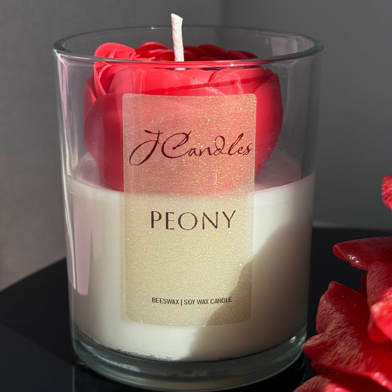 Gift Set of 2: realistic rose candle and a peony in glass