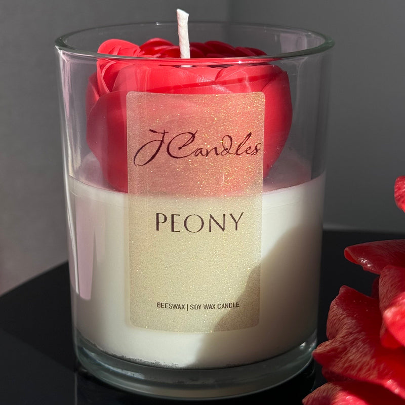 Handmade candle flower, peony, in a glass jar