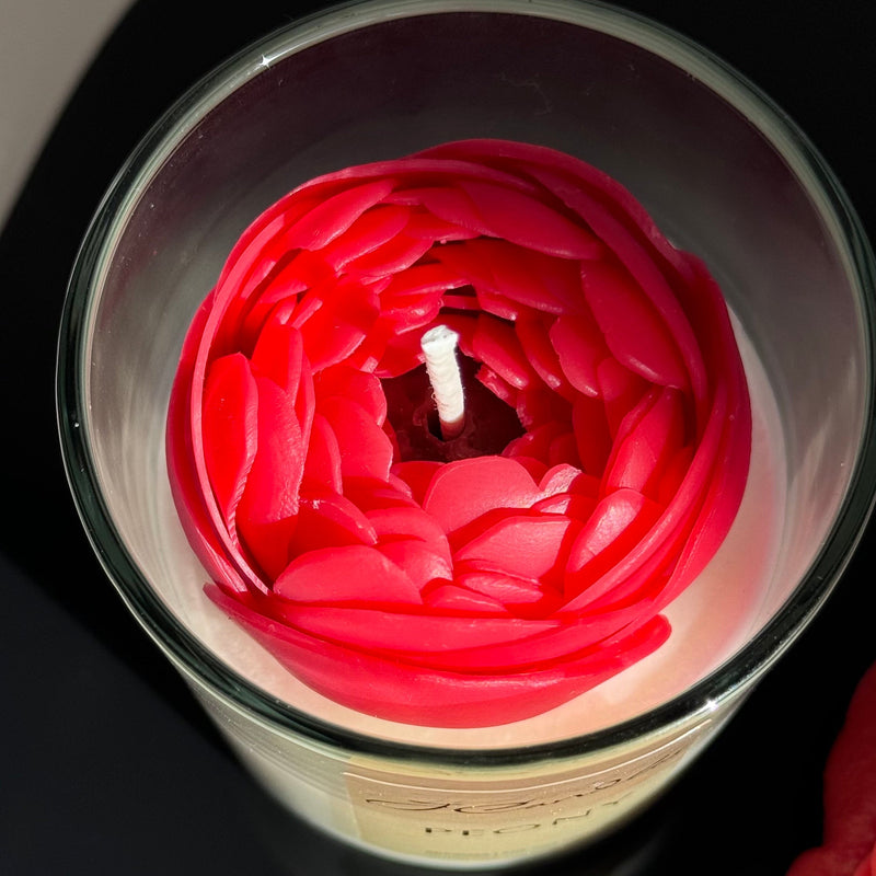 Gift Set of 2: realistic rose candle and a peony in glass