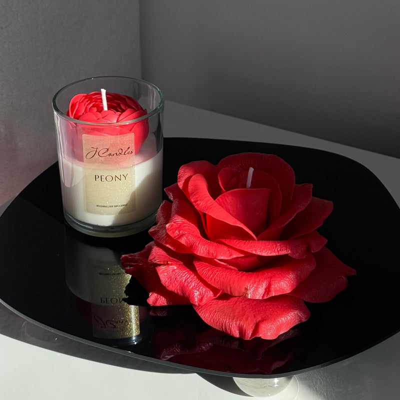 Gift Set of 2: realistic rose candle and a peony in glass