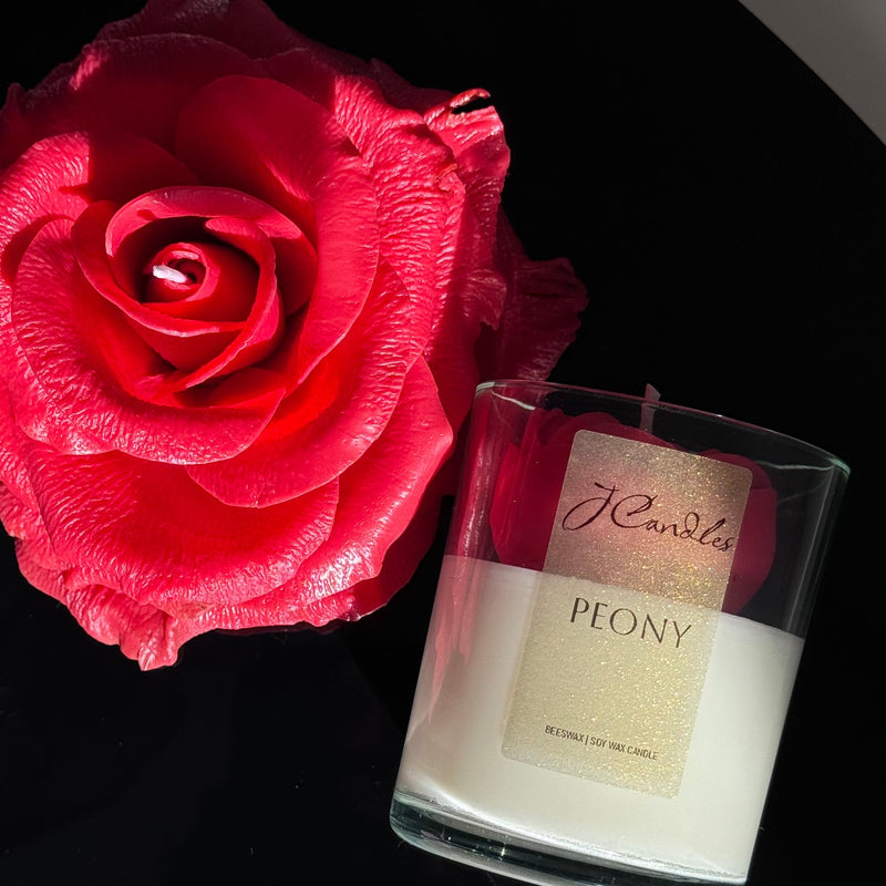 Gift Set of 2: realistic rose candle and a peony in glass