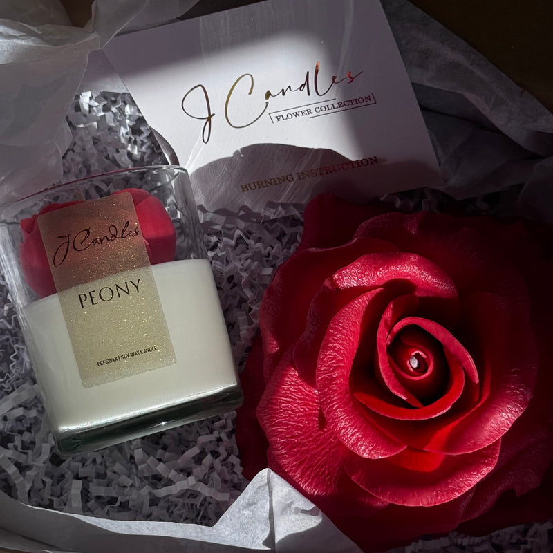 Gift Set of 2: realistic rose candle and a peony in glass