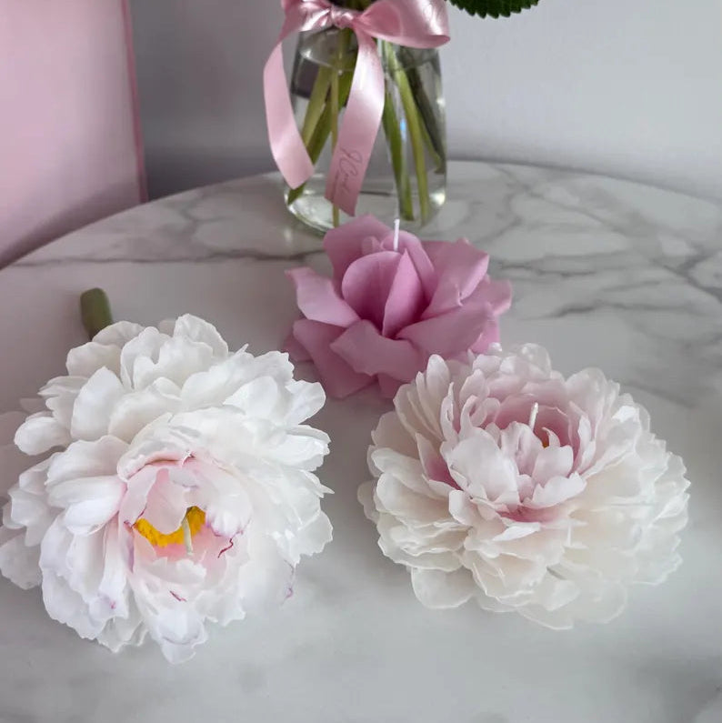 Handmade beeswax flower candle set: peonies & french rose gift, luxury mother day gift