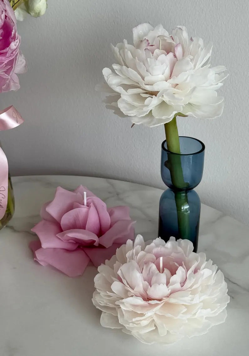 Handmade beeswax flower candle set: peonies & french rose gift, luxury mother day gift