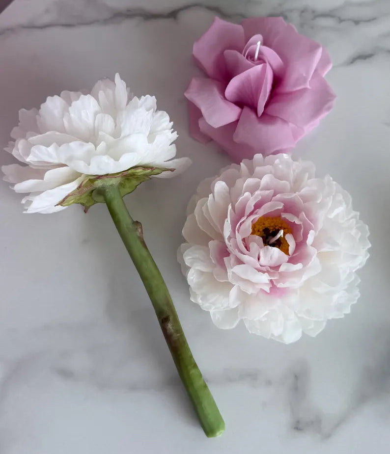 Handmade beeswax flower candle set: peonies & french rose gift, luxury mother day gift