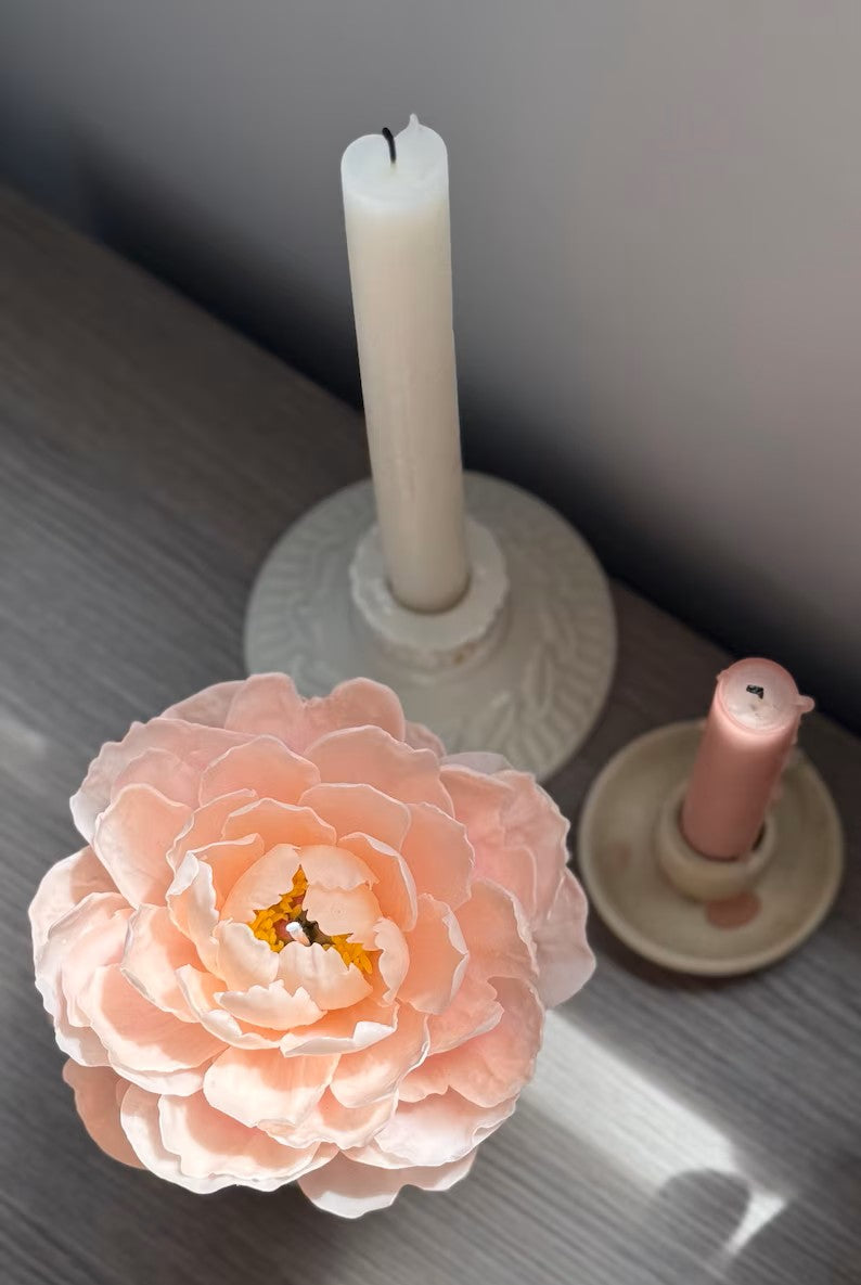Coral Peony Beeswax Candle: Handcrafted Floral Gift for Her / Valentines Day