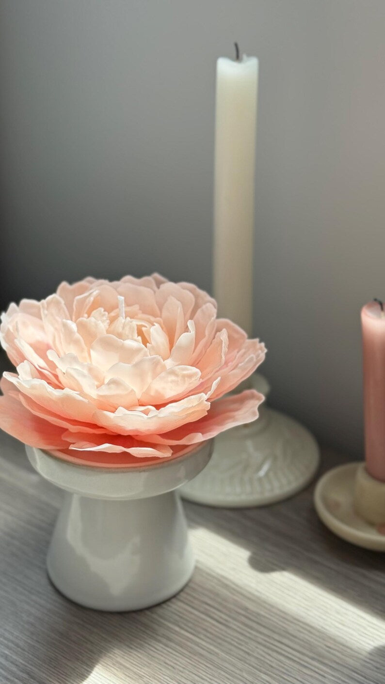 Coral Peony Beeswax Candle: Handcrafted Floral Gift for Her / Valentines Day