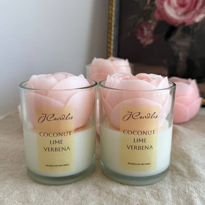 Handmade candle flower, peony, in a glass jar
