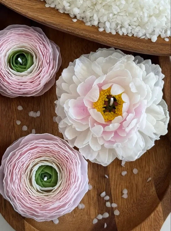 Beeswax flower candle gift set: handmade peony and ranunculus  Christmas gift